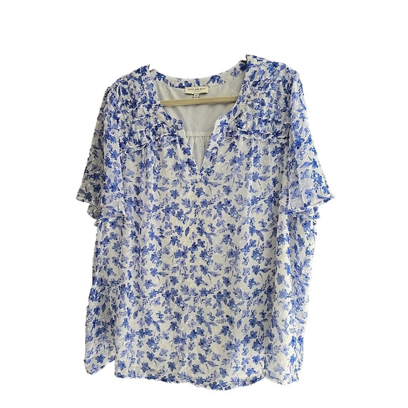 Skies Are Blue Curvy Blue Floral Swiss Dot Short Sleeve Boho Top Womans Size 2X - Picture 1 of 6